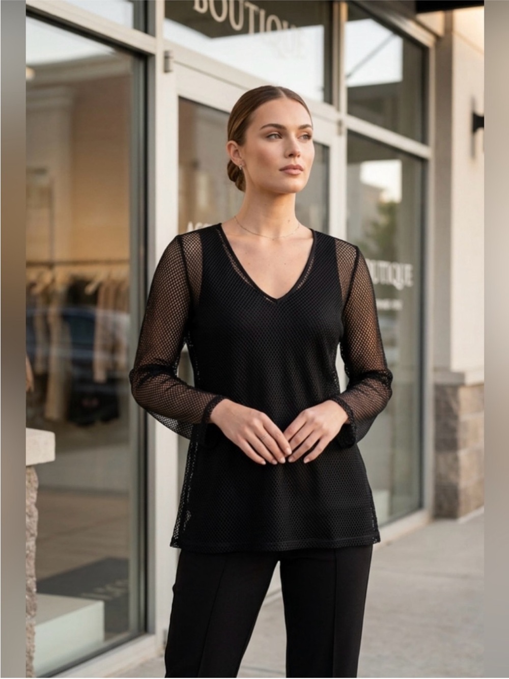 Agenda Black Sheer Mesh V-Neck Long Sleeve Top ~ Size Large